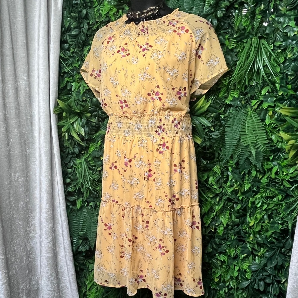 NY Collection Dress 2X Yellow Floral Print Smocked Tiered Short‎ Sleeve 2903